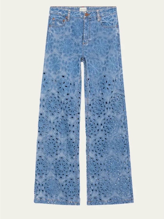 Alice + Olivia Denim - High-Rise Blue Floral Laser-Cut Wide-Leg Jeans